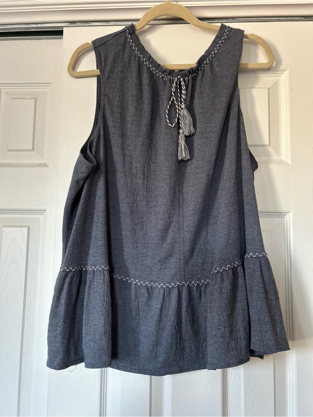 Max Studio Sleeveless Blue/Charcoal Tassel-Trim Peplum Top